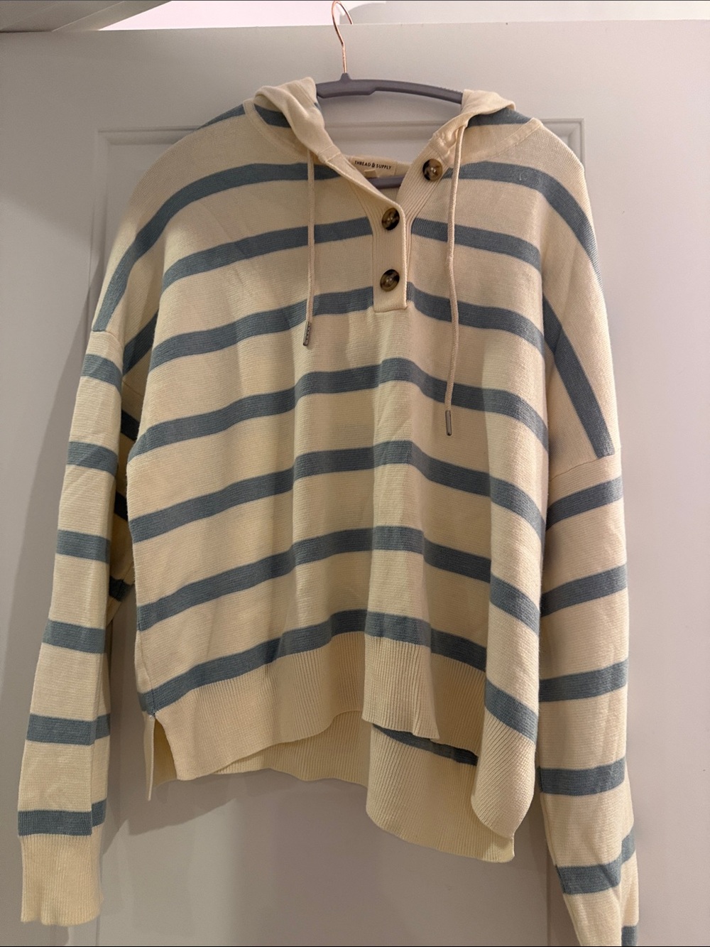 Thread & Supply Cream and Blue Striped Hooded Pullover Sweater with hood